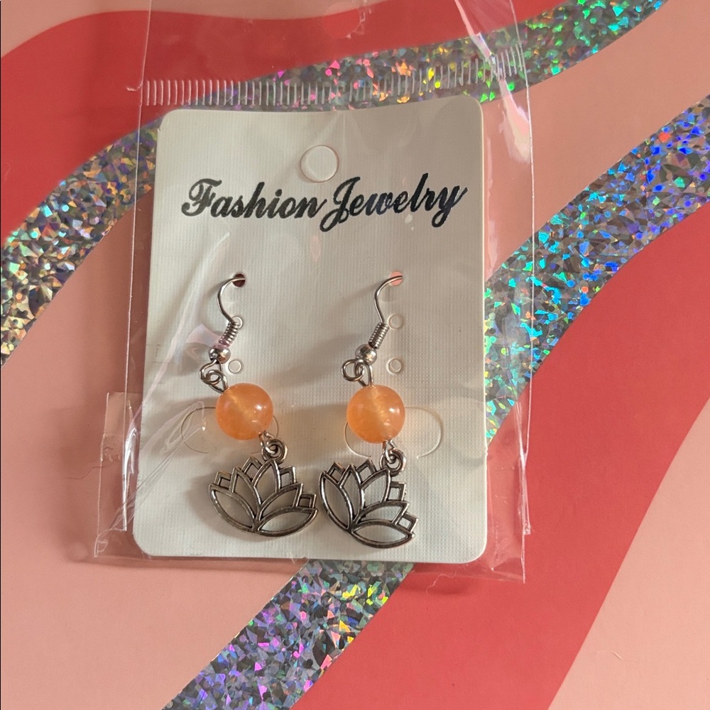 Orange Bead Lotus Earrings